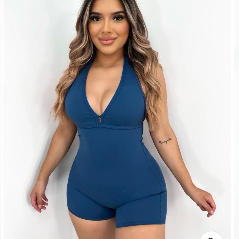 Pcheebum Navy Halter Scrunch Butt Romper